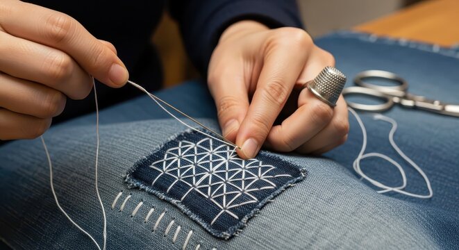 Person mending denim fabric using intricate white stitching techniques