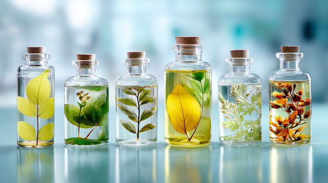 Glass laboratory bottles filled with botanical infused oil representing natural extracts pharmaceutical research and cosmetic formulation.