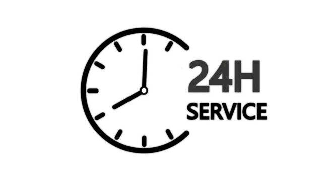 24 hours service clock icon. Online customer care, real-time customer assistance to ensure complete customer satisfaction. 24 Hours Service Logo with Minimal Clock Design