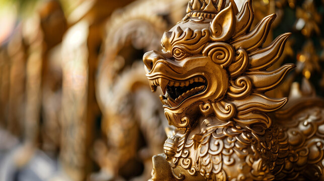 Golden lion statue detail in Thai temple with artistic craftsmanship and shallow focus
