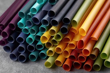 Close Up of a Stack of Colorful Plastic Drinking Straws Displayed on a Textured Grey Surface in Bright Studio Lighting
