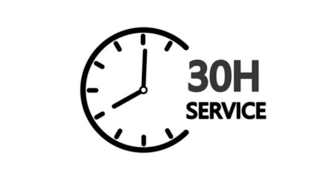 30 hours service clock icon. Online customer care, real-time customer assistance to ensure complete customer satisfaction. 30 Hours Service Logo with Minimal Clock Design