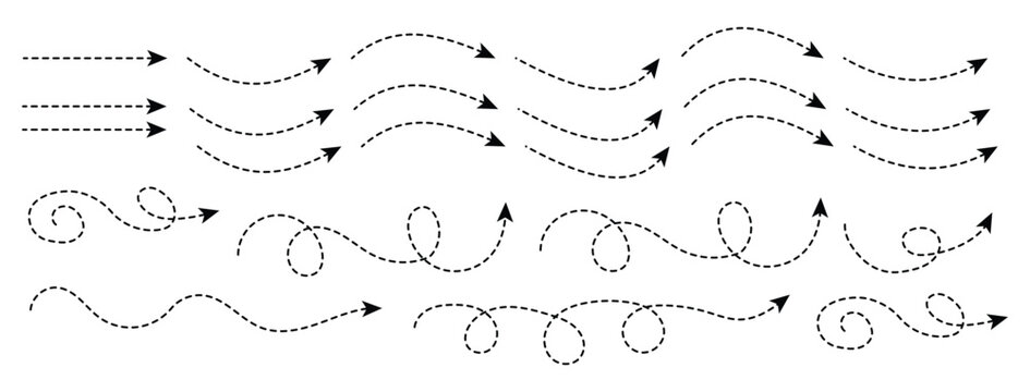 Curved dotted arrow. Curve dotted line arrow double side set. Spiral dotted line arrow. Zigzag arrow stripes design with dotted lines.
