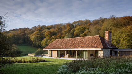 Obraz premium Contemporary stone and wood house featuring a red tile roof, situated in a green valley with vibrant autumn trees