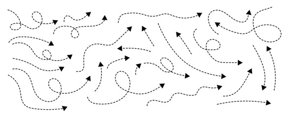 Fototapeta premium Curved dotted arrow. curved hand drawn arrows. Sketch dashed arrows design. signpost showing a confusing complex path. Dashed arrows.
