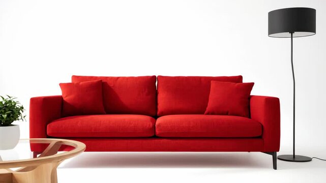 Stylish red sofa with table and lamp in a bright room