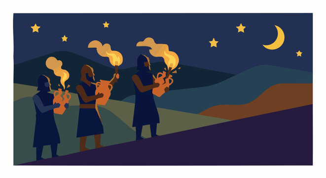 Gideon&rsquo;s Victory
Flat vector illustration of Gideon&rsquo;s victory showing a small group of soldiers holding torches and clay jars, nighttime hillside background with simple terrain and sky, symbolic story