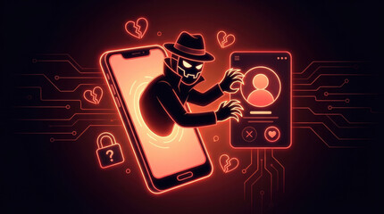 Romance scammer dating app cyber criminal steals heart online love fraud warning neon glow heartbreak digital danger dark background