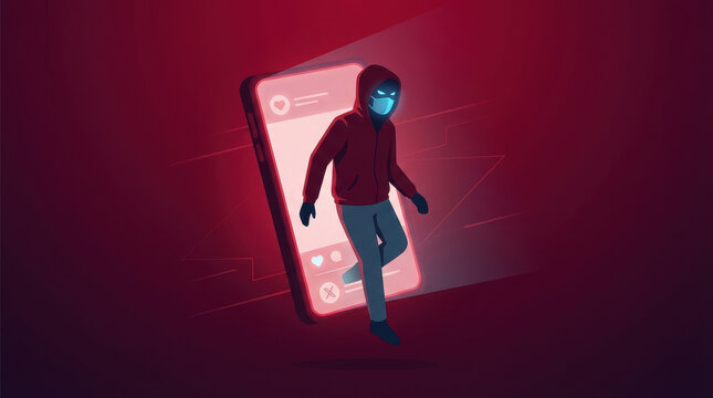 Romance scam dating app online fraud cyber crime hacker hooded figure glowing screen mobile phone online profile fake identity dark background danger deception internet security anonymous digital