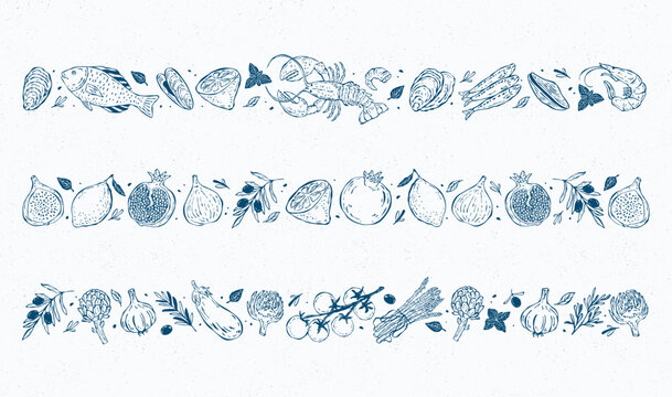 Hand-drawn vector borders celebrating Mediterranean food, featuring seafood, fruits, and vegetables. Perfect for menus, packaging, invitations, and food design projects