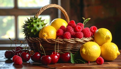 A wicker basket overflowing with fresh lemons, raspberries, cherries, and a spiky green fruit