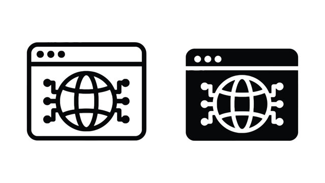 Two black and white icons of browser windows with a globe and links