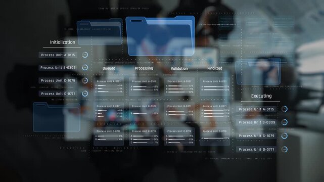 Detailed visualization of a data processing workflow, showcasing a digital interface with file management stages including initialization, execution, and validation of tasks. Raster