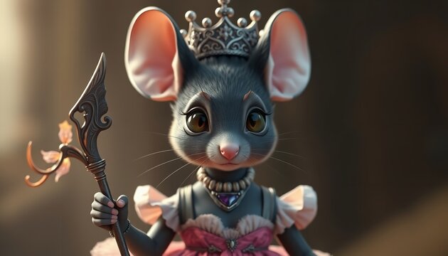Cute mouse queen wearing a silver crown and holding a dark scepter