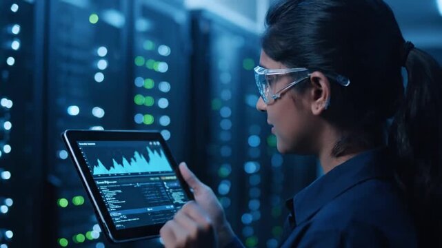 Woman Analyzing Data on Tablet in Server Room.