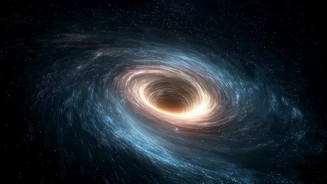 Massive black hole with glowing accretion disk and gravitational lensing effect in deep space surrounded by distant stars