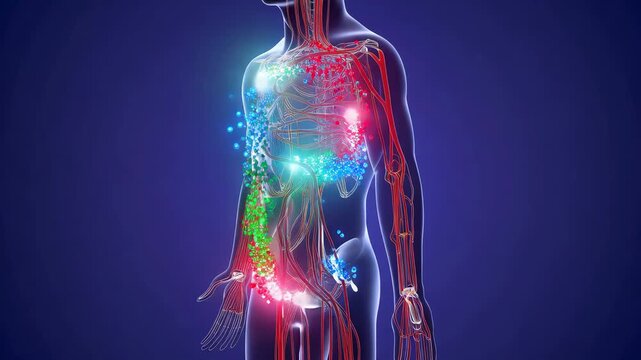 Schematic animation inside simplified body outline showing glowing particle cluster separating into colored streams traveling along branching pathways.