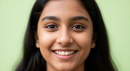 Close-up of a teenage Indian girl on an isolated light green background.