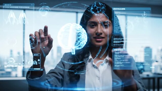 Woman Using Virtual Interface in Office.