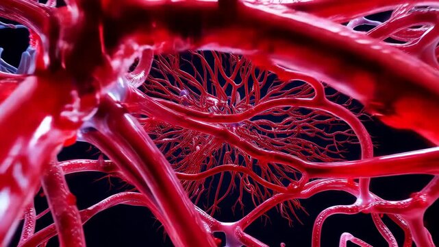 circulatory system as luminous tube network with substance introduced carried by flow dividing at junctions to fill network