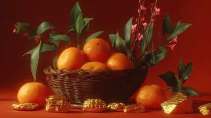 Festive Still Life with Oranges in Woven Basket on Red Surface Displaying Celebration and Abundance Decorated with Green Leaves and Pink Flowers