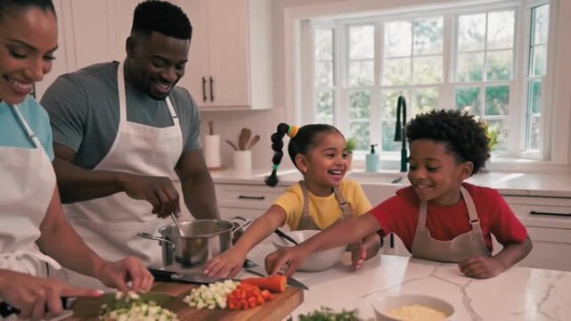family laughing and cooking healthy dinner together in a modern kitchen. video