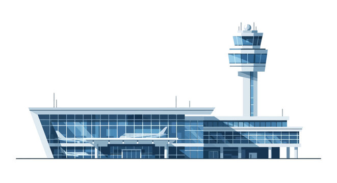 Flat vector illustration of a modern airport terminal with control tower and glass facade. This image represents air travel, transportation infrastructure, logistics, and global connectivity. Ideal fo