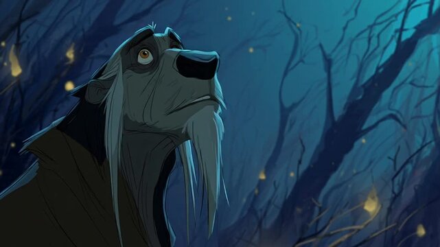 Animated wolf looking up in a mystical forest