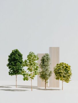 Small Scale Tree Models and Architectural Columns for Urban Planning and Landscape Design Visualization Set against a Neutral Background with Large Copy Space