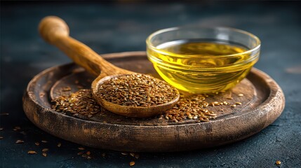 Flax Seeds on Wooden Spoon with Oil in Glass Bowl on Rustic Wooden Board Dark Background