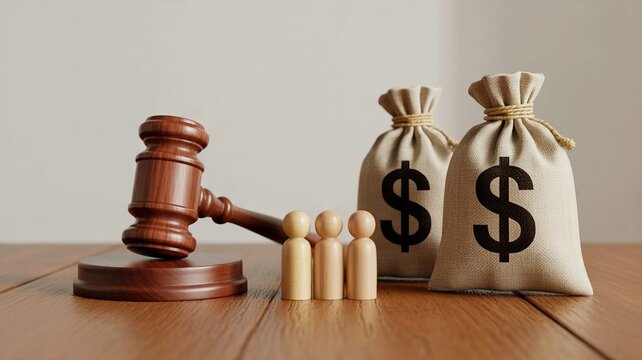 Wooden gavel and money bags with dollar signs representing legal fees and financial justice in a courtroom setting
