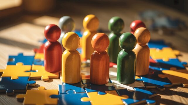 Colorful wooden game pieces stand together on a scattered jigsaw puzzle representing teamwork and community