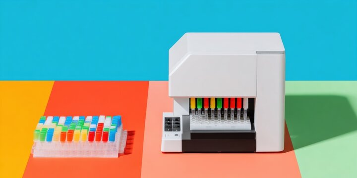Laboratory thermal cycler and microplate on colorful background for genomic research and DNA analysis in a modern scientific university setting for healthcare study
