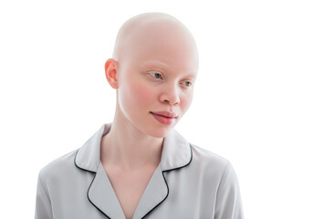 Portrait of a young woman with albinism wearing a light gray pajama top against a transparent background isolated on transparent background