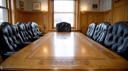 Formal Conference Room Interior with Long Wooden Table and Black Leather Chairs in a Brightly Lit Office