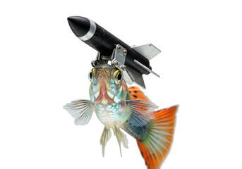 Funny guppy fish with a black missile rocket attached to its head, isolated on transparent background