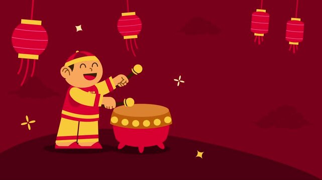 Little chinese kid celebrating chinese new year. Place your greeting text on right side.