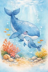 Fototapeta premium Watercolor illustration of a mother whale and her calf swimming together underwater. Gentle marine scene with soft colors, coral reef and fish, vertical composition, cute and calm ocean concept.