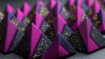 Geometric Pyramids in Vivid Magenta Purple and Dark Gray with Gold Glitter Accents Detailed Close Up on a Textured Dark Background
