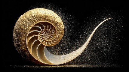 Golden Nautilus Shell Section Embellished with Glitter on Black Background in Studio Lighting Elegant Still Life Abstract Art Detailed Texture Pattern