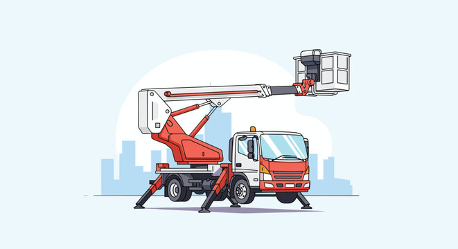 Red and white cherry picker or bucket truck with an extended boom lift, used for construction and maintenance work.