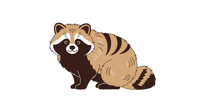 Cute cartoon illustration of a Japanese raccoon dog, or tanuki, sitting with its fluffy striped tail and face mask.