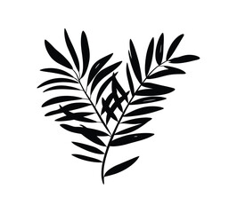 A delicate black and white illustration of two leafy branches forming a heart shape