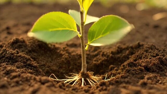 close-up of hands planting young tree sapling in soil, time-lapse growth elements. video