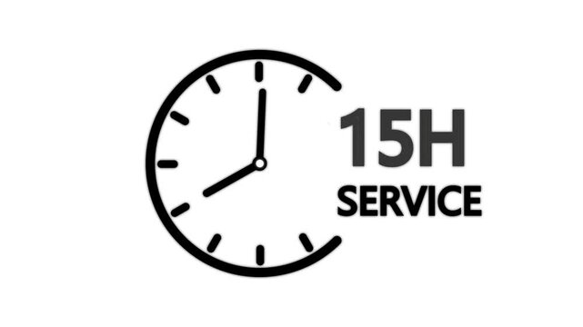 15 hours service clock icon. Online customer care, real-time customer assistance to ensure complete customer satisfaction. 15 Hours Service Logo with Minimal Clock Design