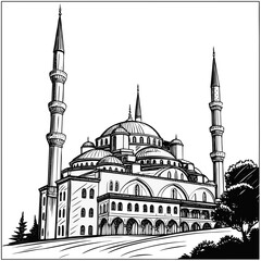 Fototapeta premium Black and white of a mosque with minarets and domes
