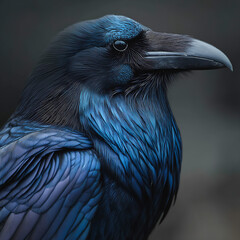 Obraz premium Raven Close-Up: Stunning Details in Black Feathers with Blue Hues - A Wildlife Macro Photography Delight
