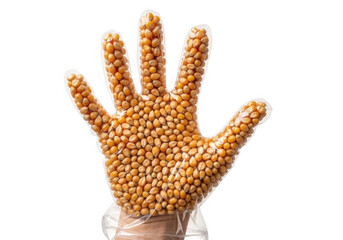 Hand wearing a clear plastic glove completely covered in unpopped corn kernels, isolated on transparent background