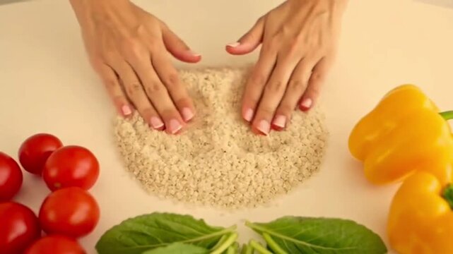 Hands arranging minimalist flat-lay of healthy ingredients for meal prep on white table. 4k video