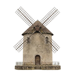 Old stone windmill with metal blades isolated on transparent background